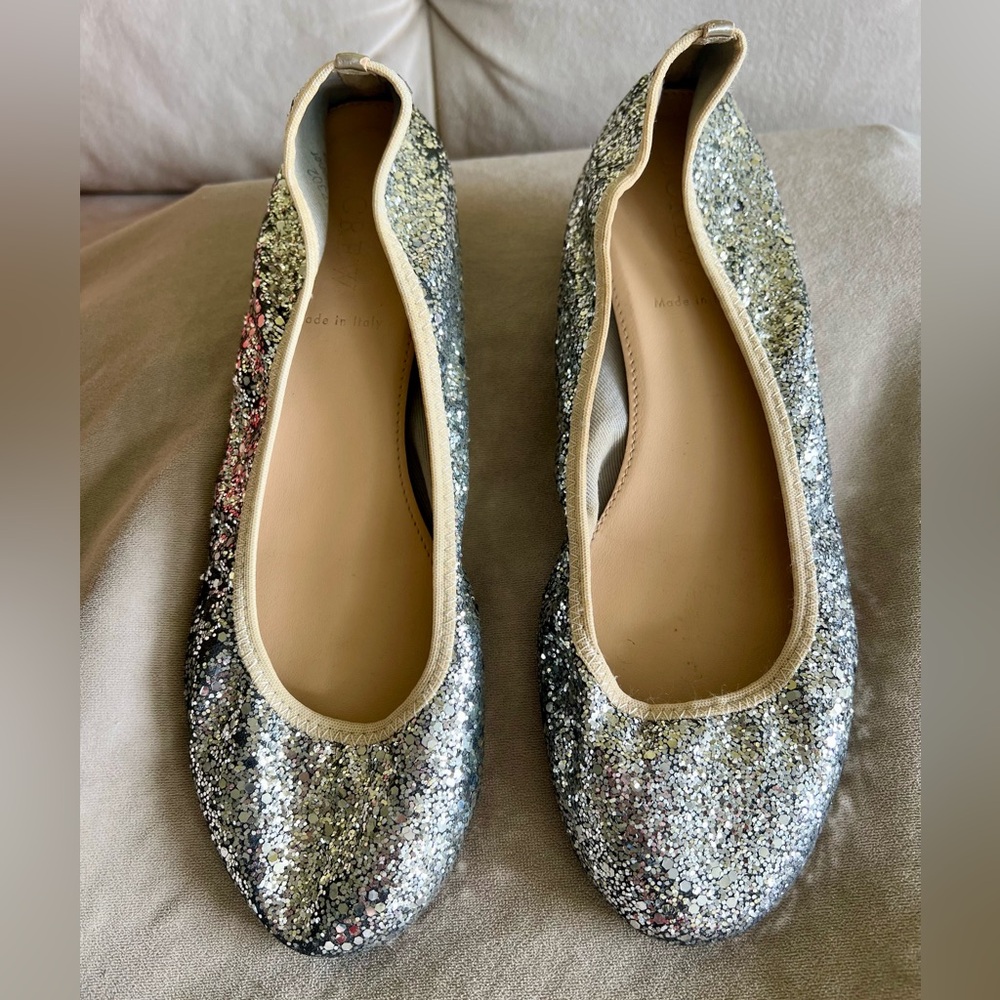 EUC silver glitter J Crew ballet flat 7.5